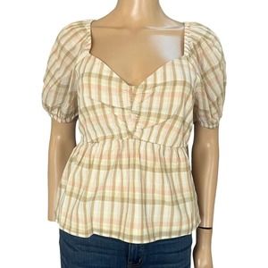BP Plaid Peplum Blouse Puff Sleeve Sweetheart Neck